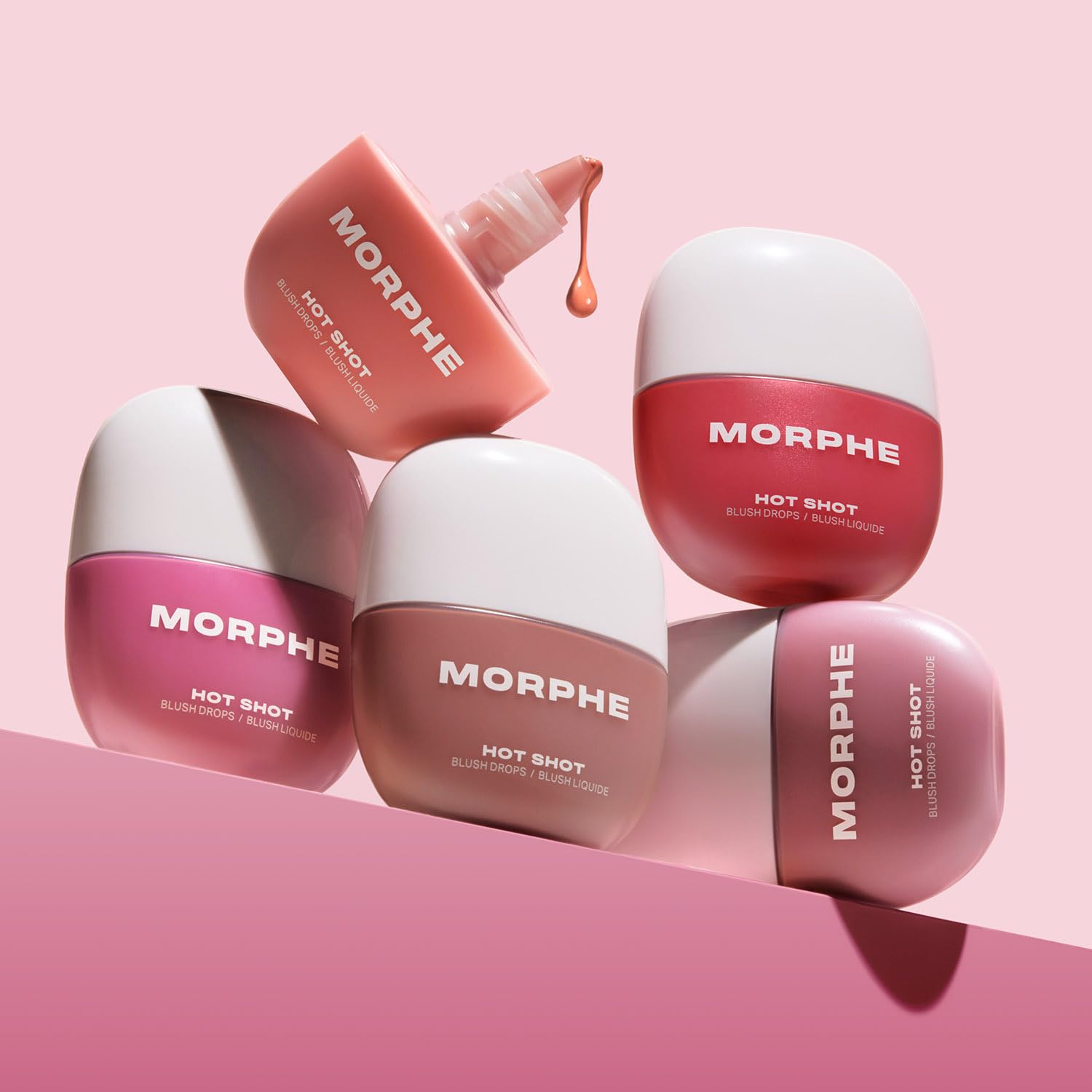 Morphe Hot Shot Blush Drops six shade range showcased.