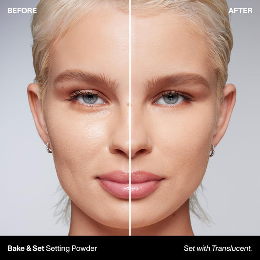 Morphe Jumbo Bake and Set powder being applied with brush for all-day setting.