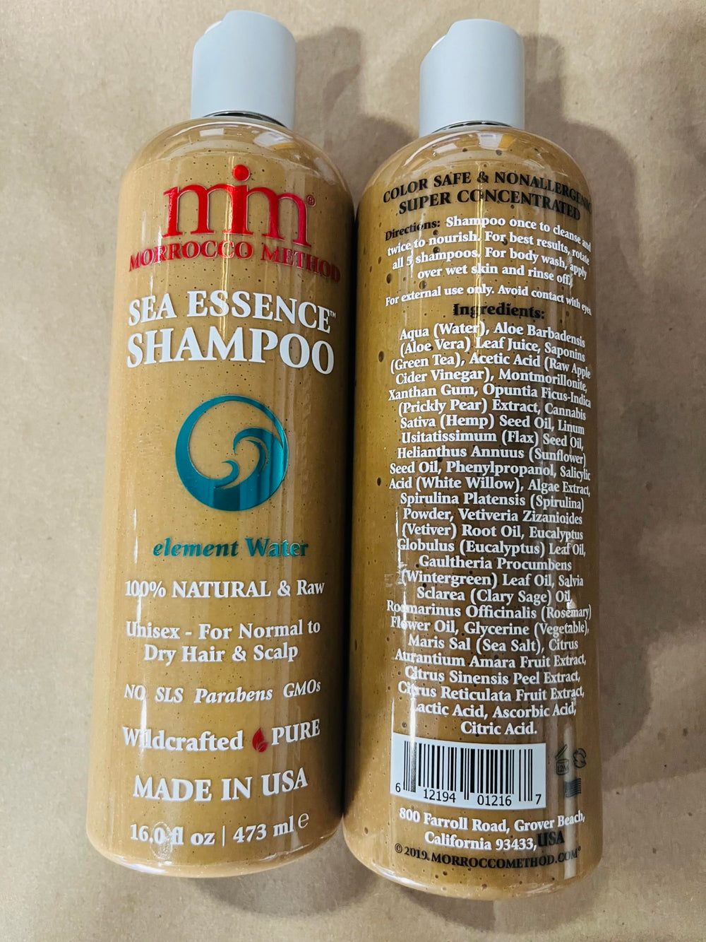 Morrocco Method Sea Essence Shampoo ingredients panel highlights sea greens and proteins for nourishing scalp care.