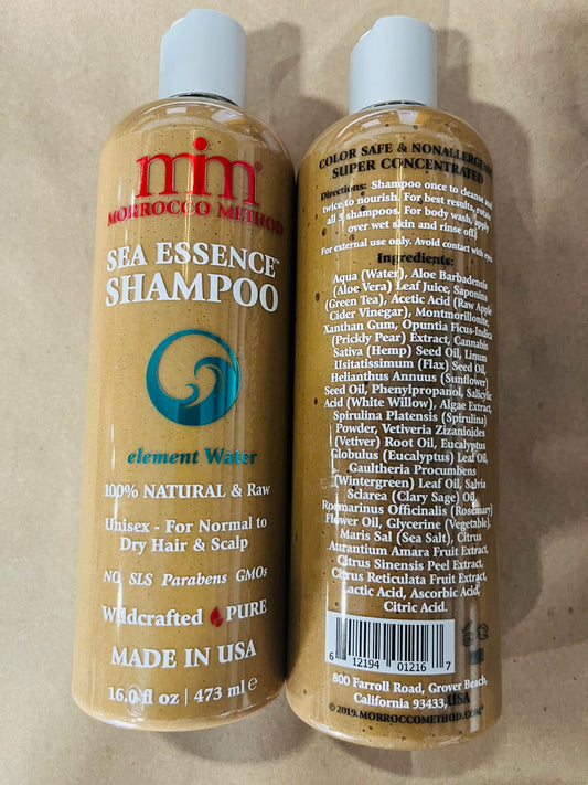 Morrocco Method Sea Essence Shampoo ingredients panel highlights sea greens and proteins for nourishing scalp care.