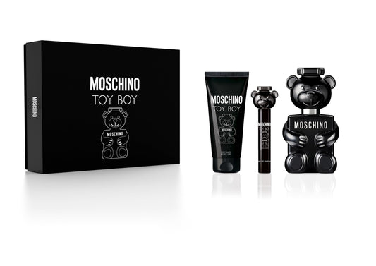 Moschino Toy Boy gift set packaging, stylish display ideal for gifting and showcasing the fragrance.
