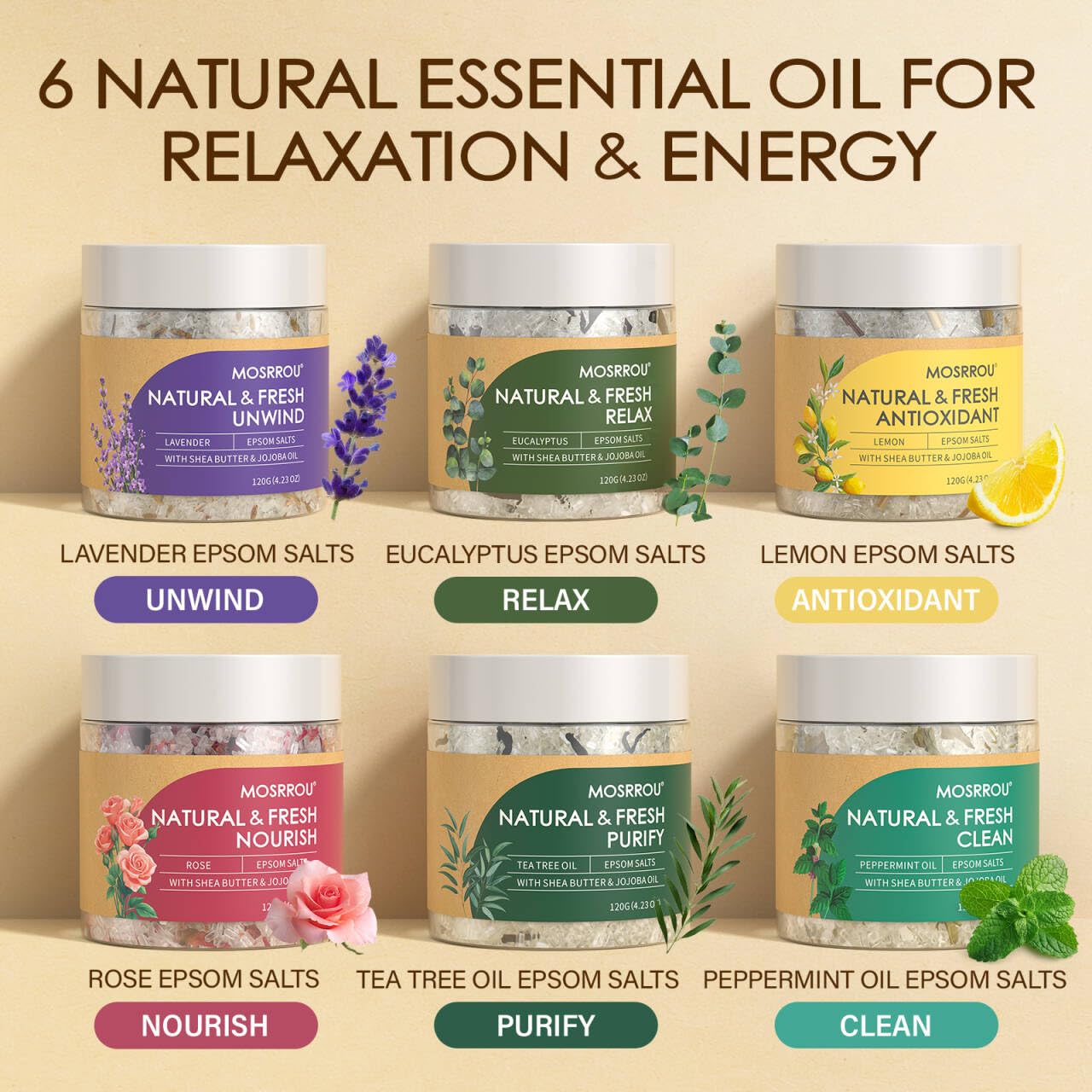 MOSRROU essential oils lineup with Lavender and Eucalyptus for mood variety