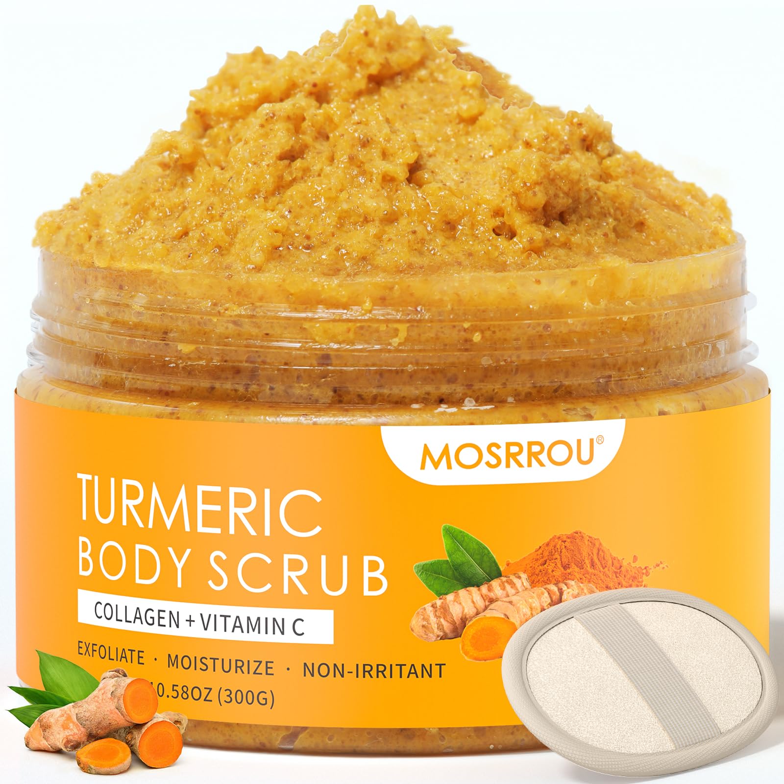 MOSRROU Turmeric Body Scrub bottle showing nourishing exfoliation for smoother skin