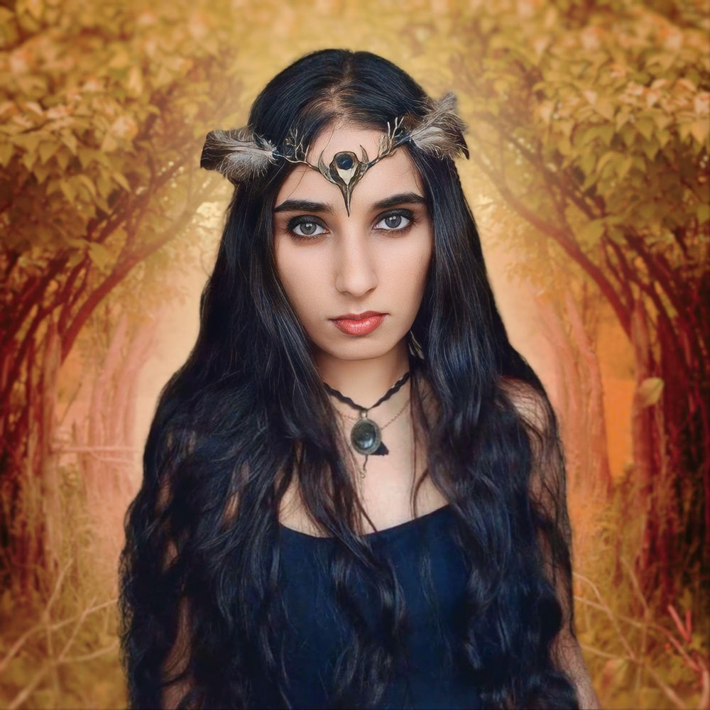 MOSTORY black flowers and leaves crown, overhead shot, timeless gothic charm.