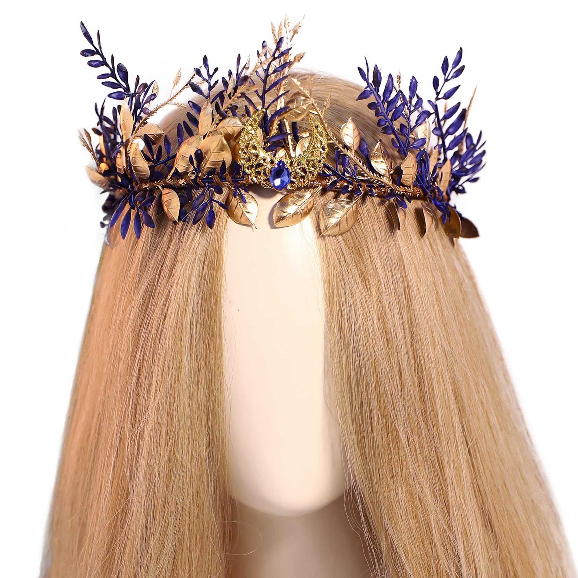 MOSTORY Blue Woodland Elf Crown closeup highlights intricate florals for fantasy costumes.