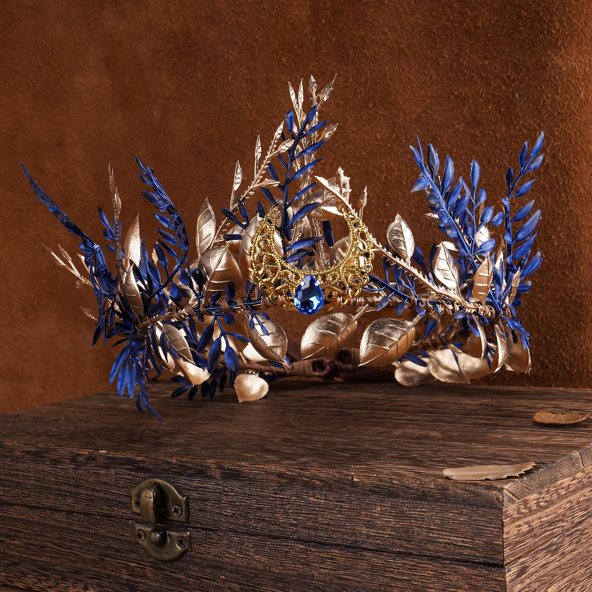 MOSTORY Blue Woodland Elf Crown closeup with forest-inspired florals for fantasy venues.