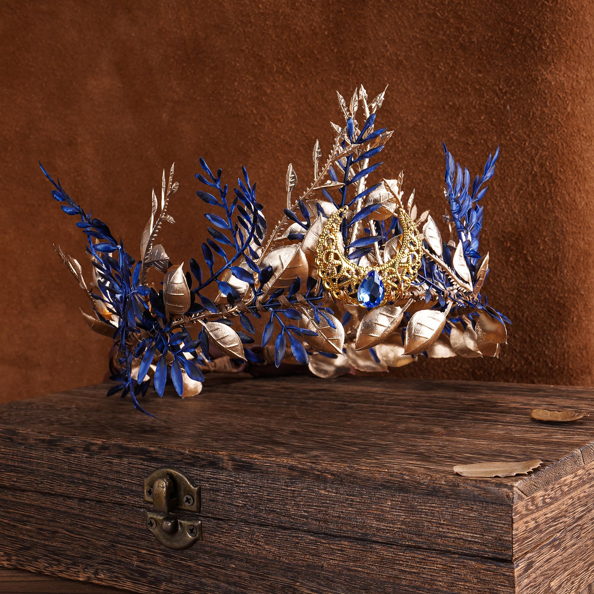 MOSTORY Blue Woodland Elf Crown worn at festivals adds magical elegance to outfits.