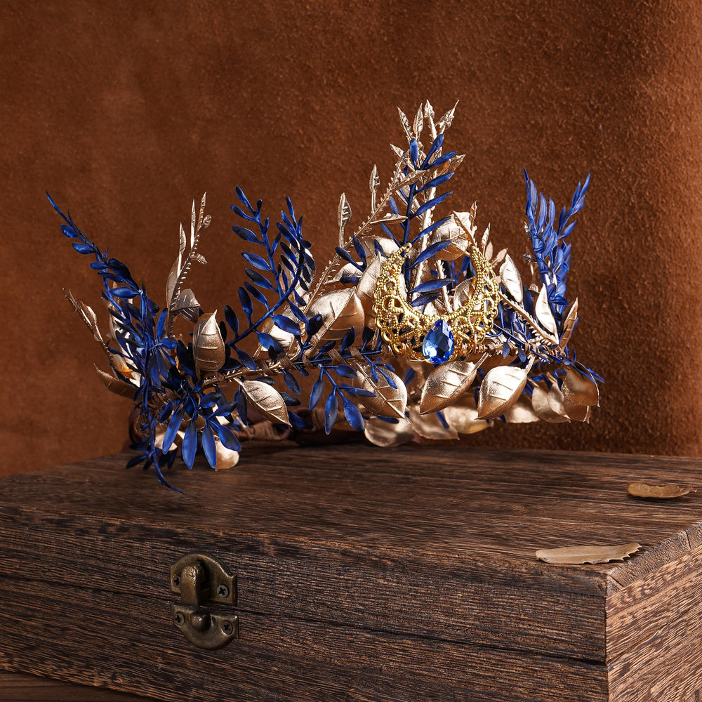 MOSTORY Blue Woodland Elf Crown worn at festivals adds magical elegance to outfits.