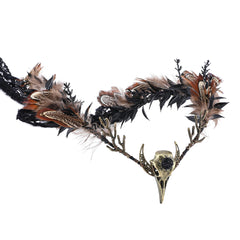 MOSTORY brown feather witch crown, front view, ideal for gothic cosplay and dark elegance.