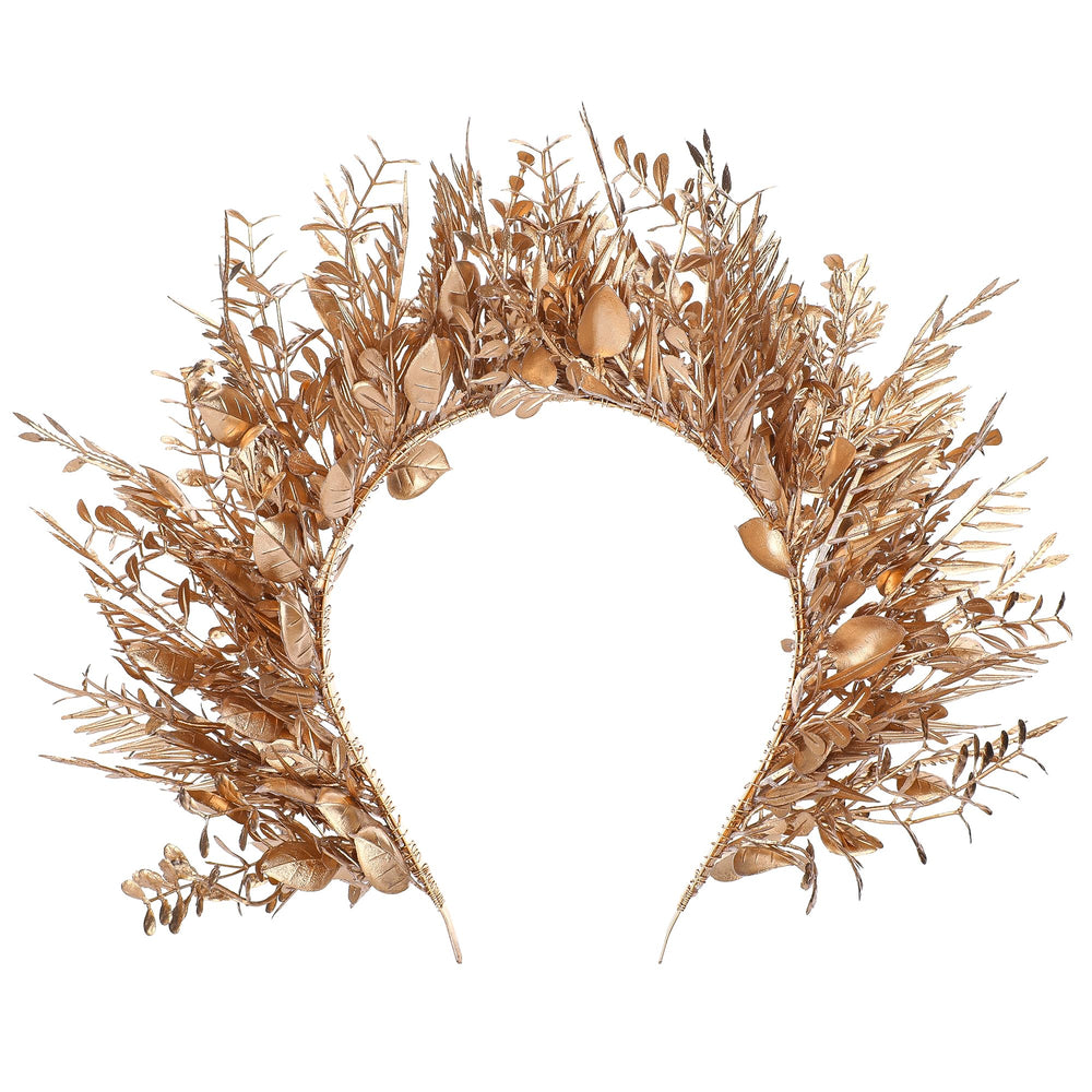 MOSTORY Flower halo crown headband in gold with lifelike faux flowers.