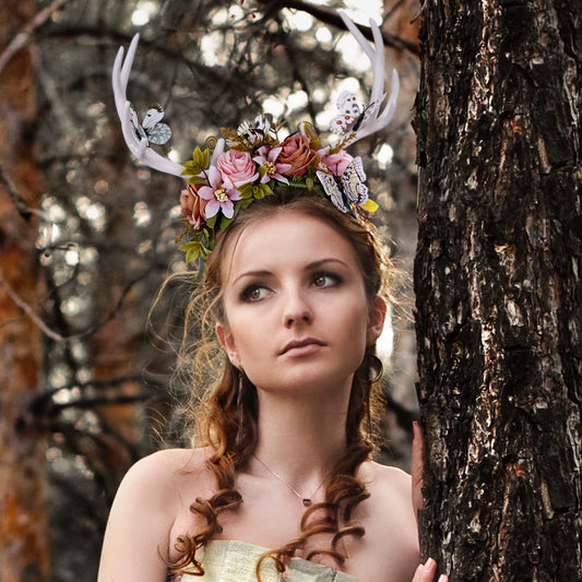 Mostory forest butterfly headpiece on model highlights magical woodland style and comfortable wear