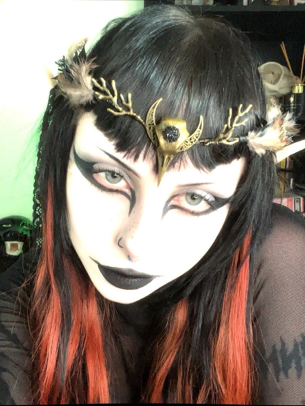 MOSTORY handmade gothic headpiece, close-up, unique artisanal finish.