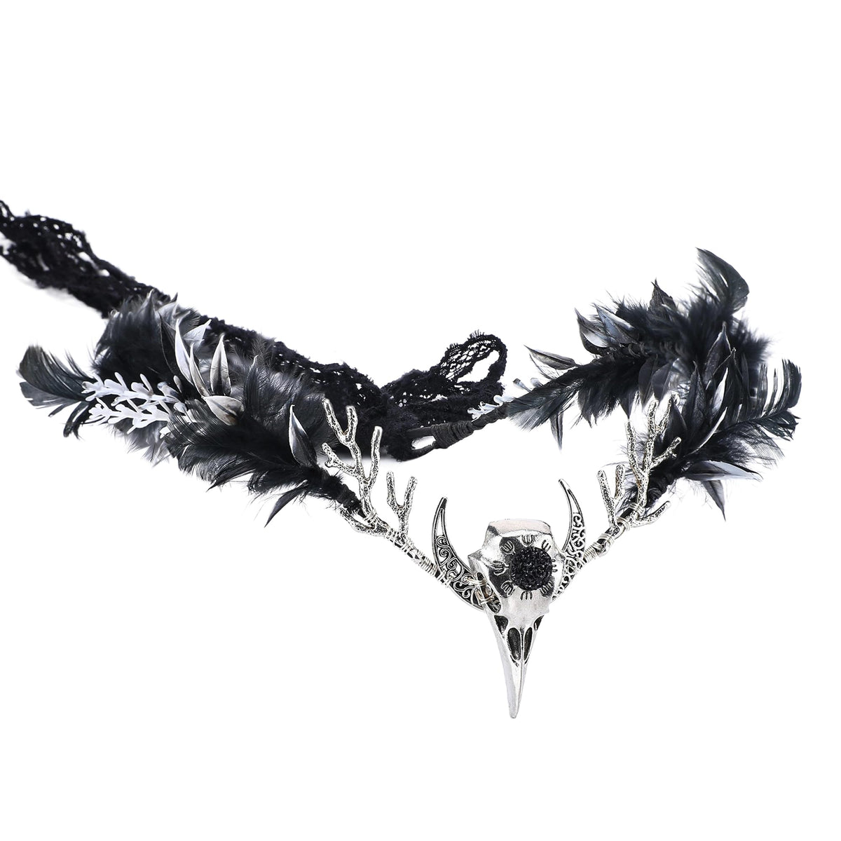 MOSTORY raven feather crown front view highlights gothic elegance for cosplay