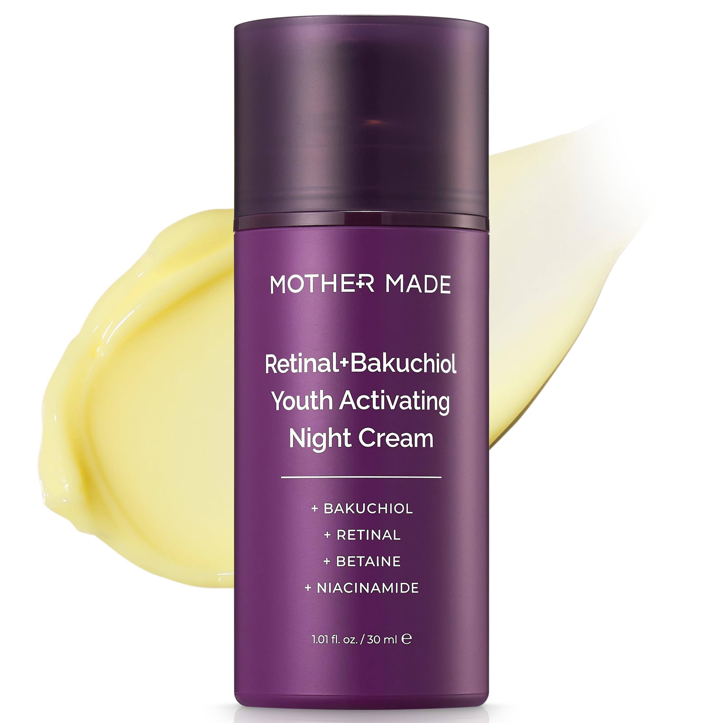 Mother Made Retinol Bakuchiol Night Cream bottle with sleek, fragrance-free packaging suggesting gentle anti-aging benefits