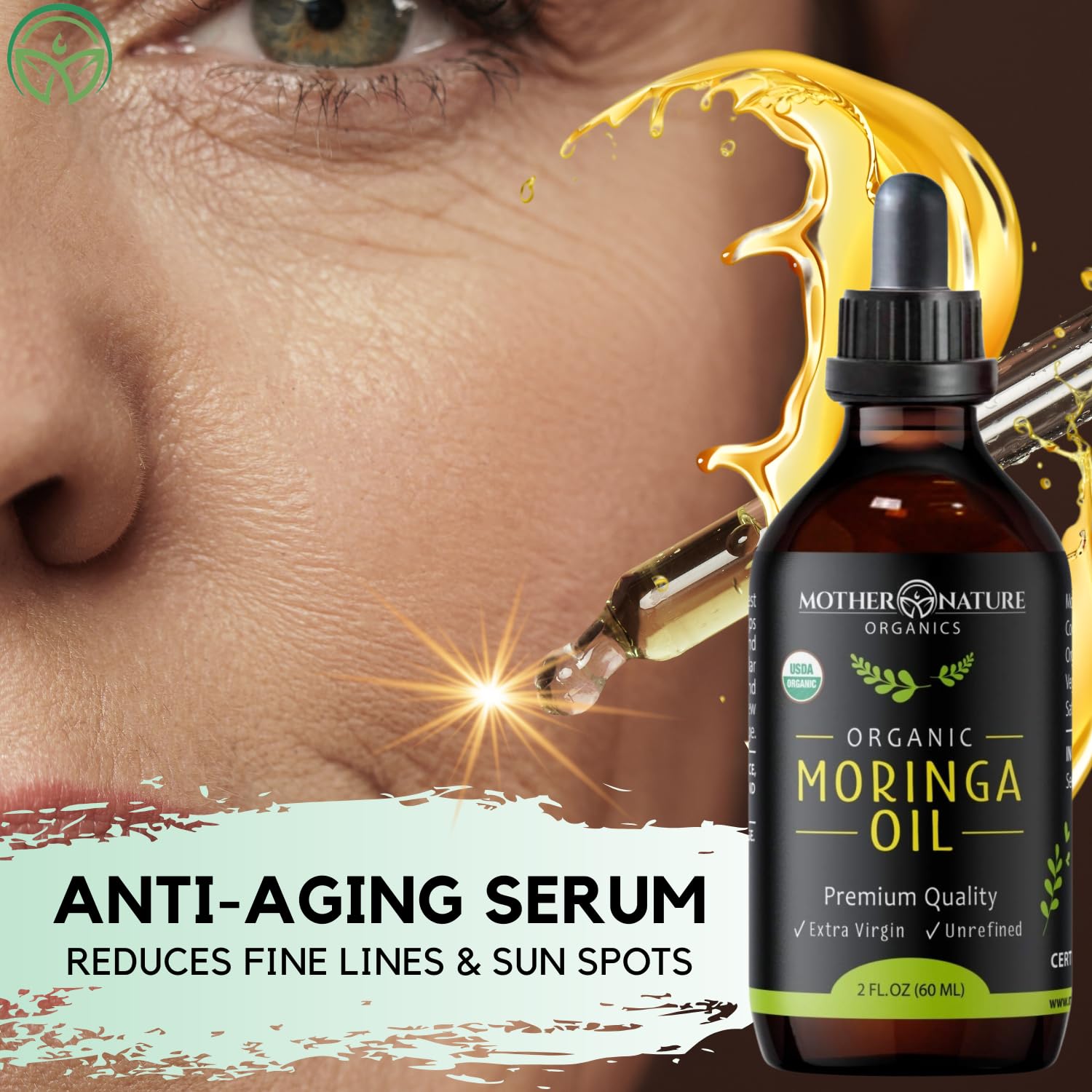 Mother Nature Organics Moringa Oil pour demonstrates quick absorption for daily skincare
