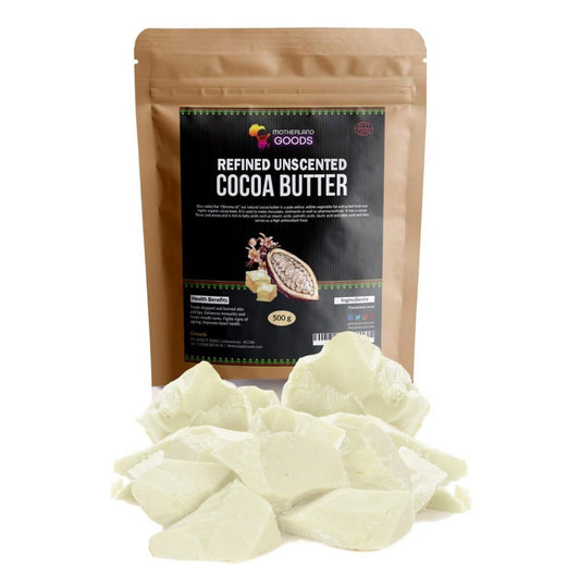 Motherland Goods refined cocoa butter chunks for DIY skincare, unscented and suitable for sensitive skin.