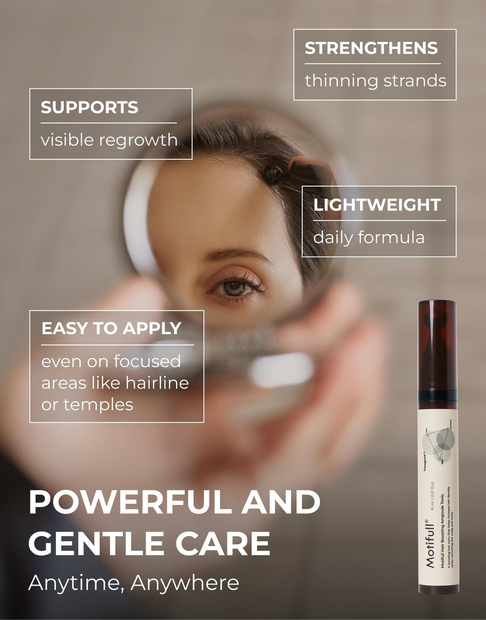 Motifull ampoule on a shelf highlighting clean, premium design