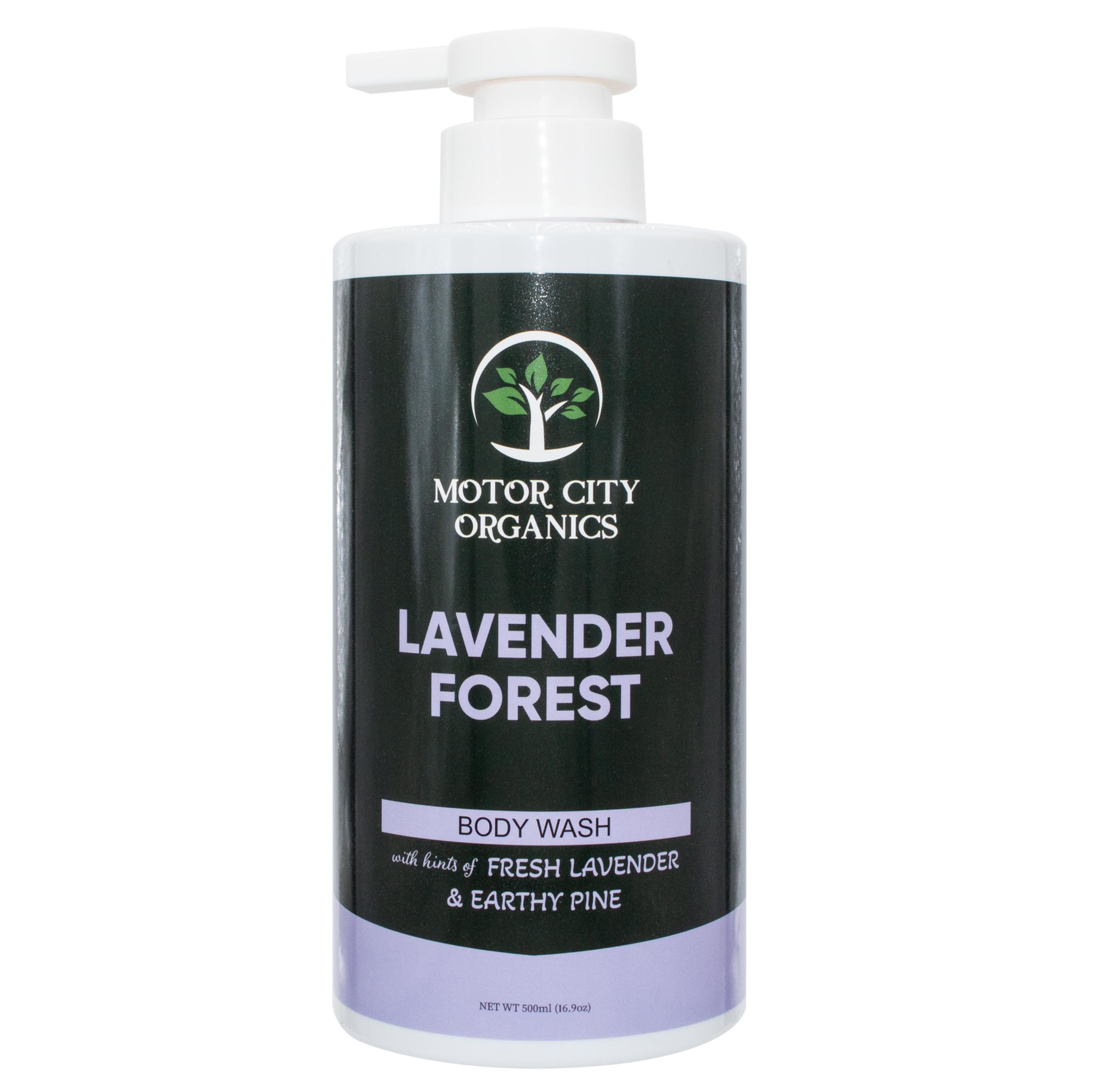 Motor City Organics Lavender Forest bottle pour demonstrates easy, soothing cleansing.