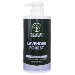 Motor City Organics Lavender Forest bottle pour demonstrates easy, soothing cleansing.