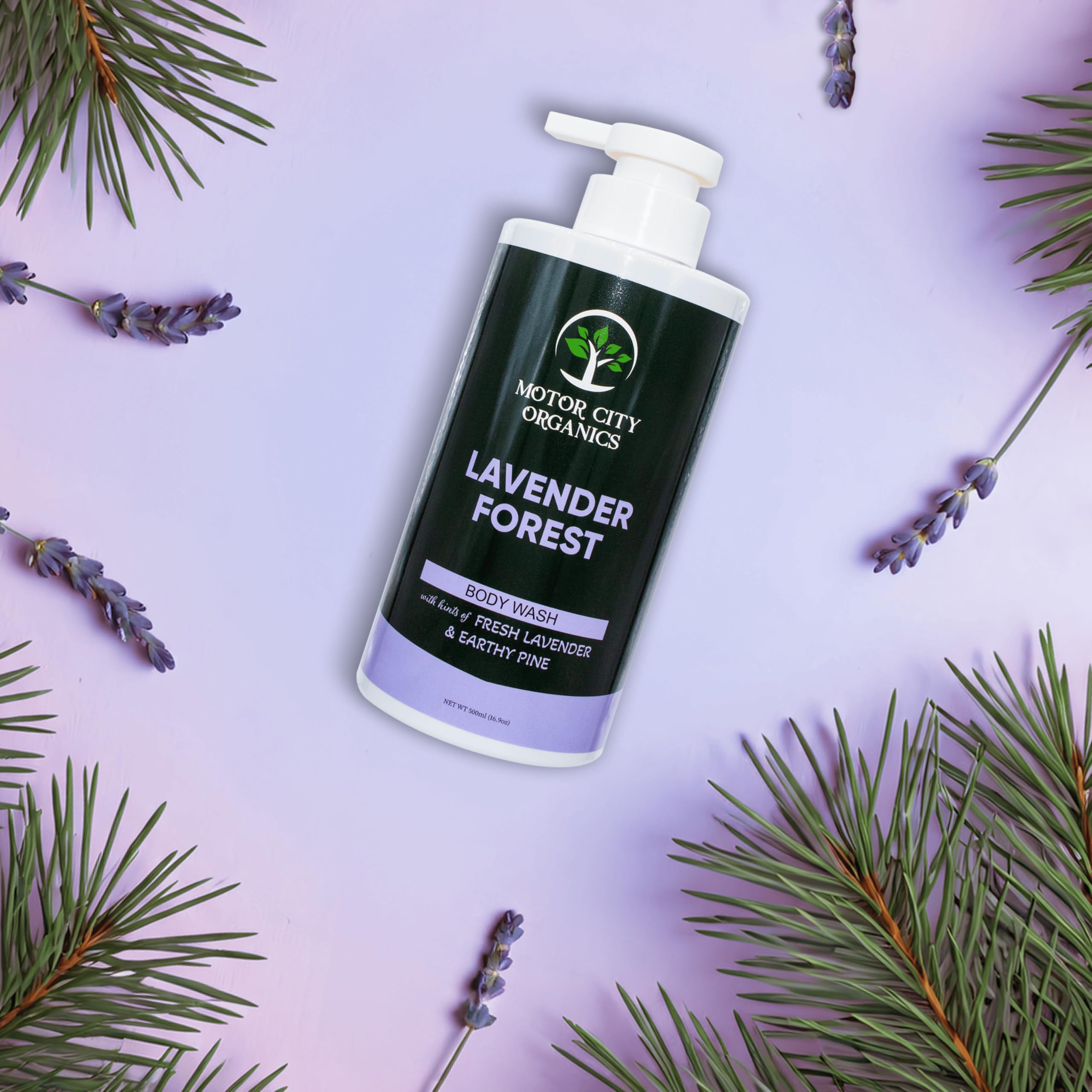 Motor City Organics Lavender Forest foam lather provides rich, hydrating bubbles for a gentle shower.