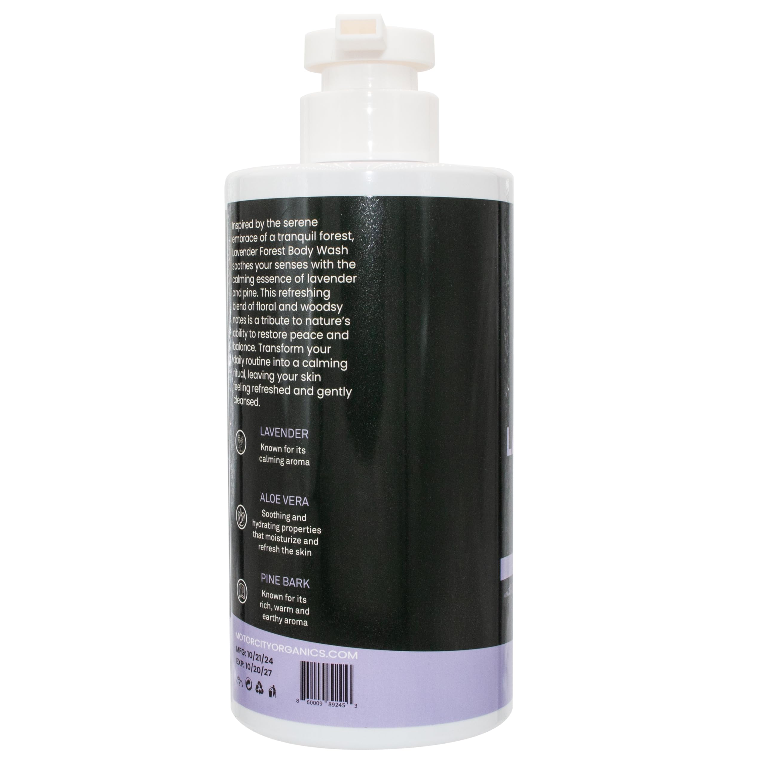 Motor City Organics Lavender Forest pump dispense offers controlled, daily use.