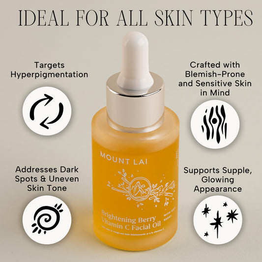 Mount Lai goji berry oil dropper highlights antioxidant-rich blend for brightening.