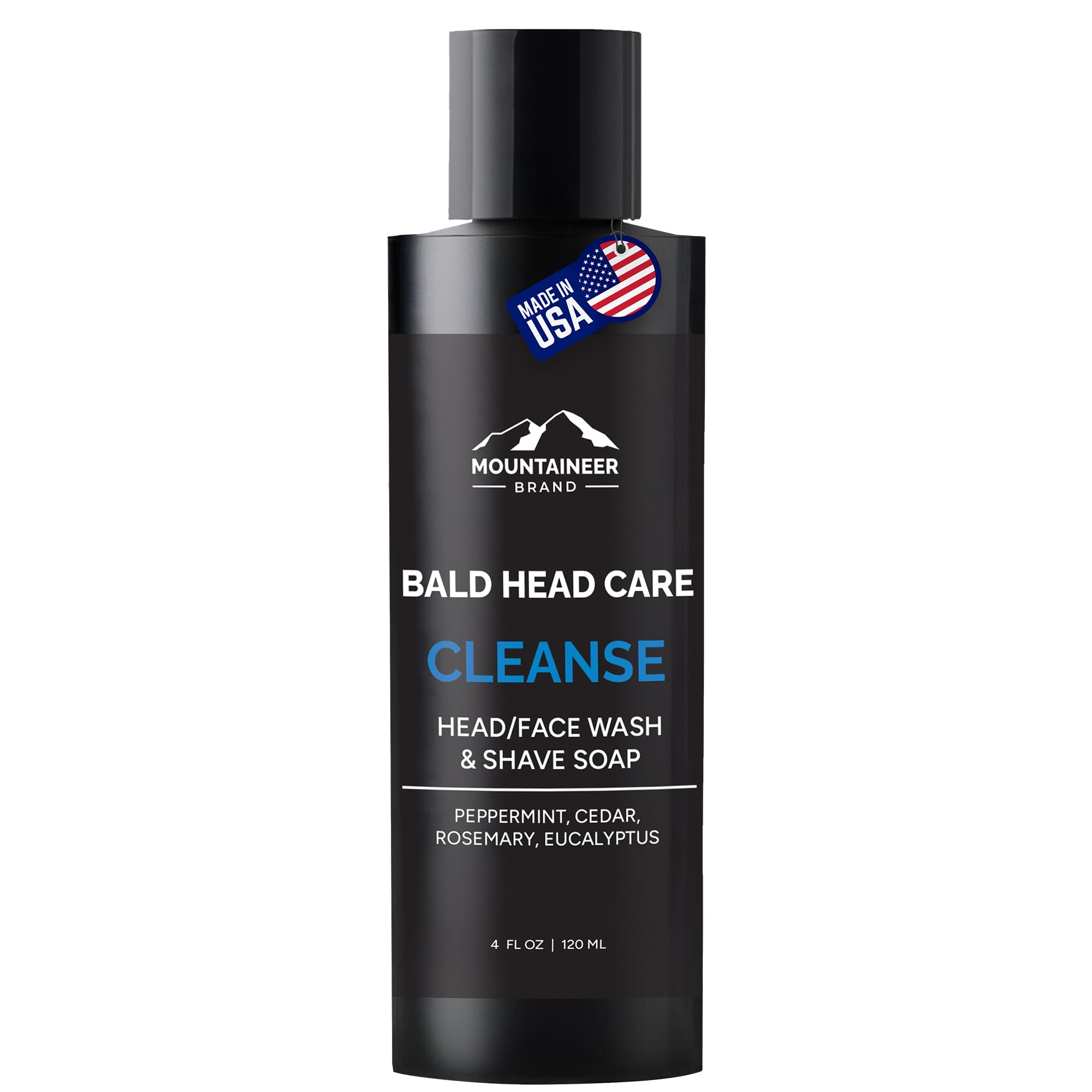 Mountaineer Brand Bald Head Wash bottle highlighting natural scent and clean formula.