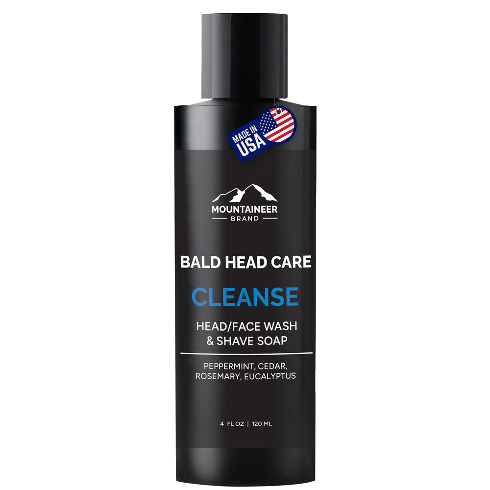 Mountaineer Brand Bald Head Wash bottle highlighting natural scent and clean formula.