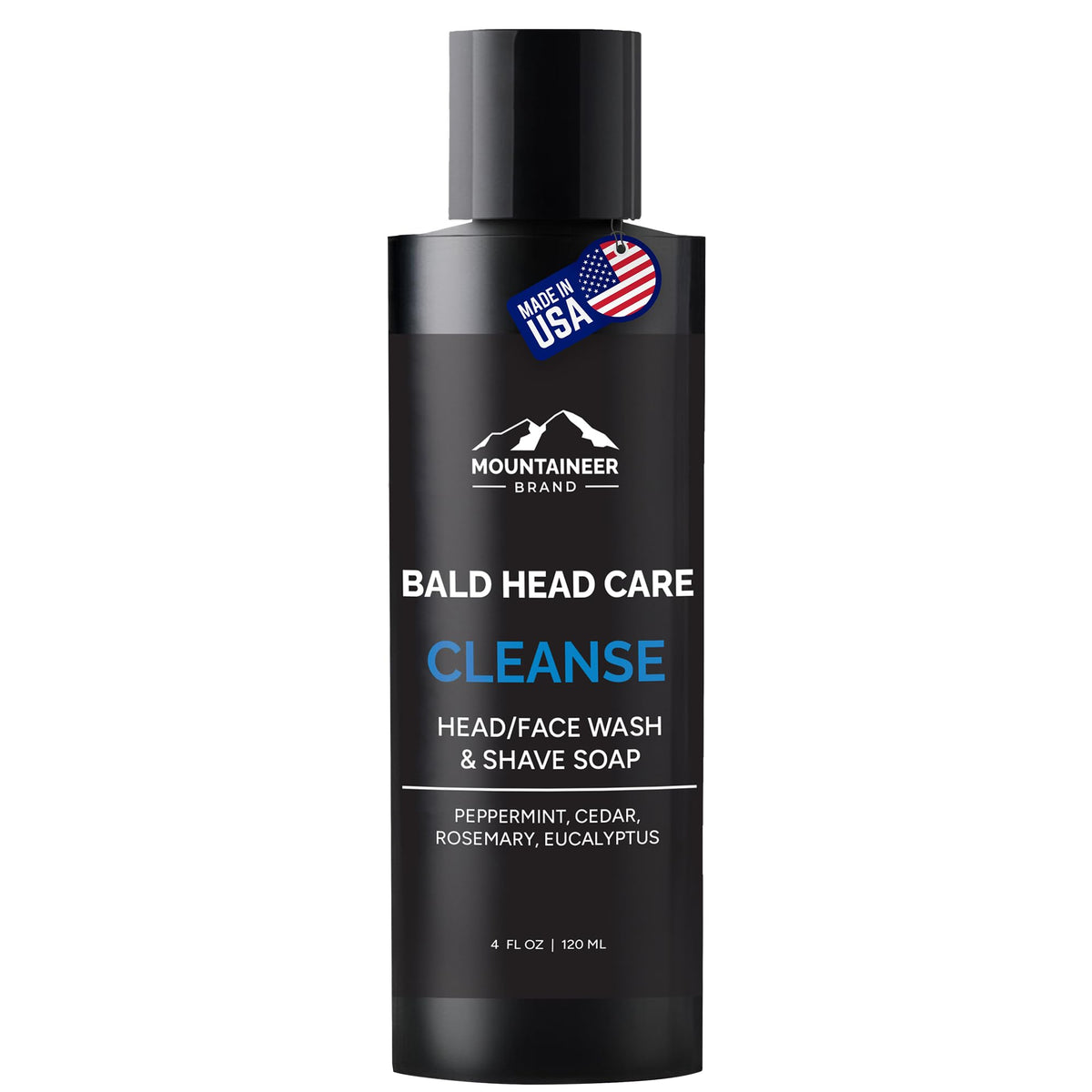 Mountaineer Brand Bald Head Wash bottle highlighting natural scent and clean formula.