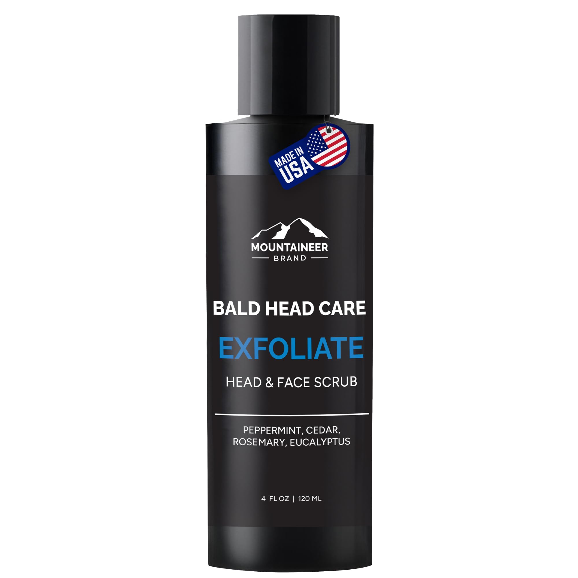 Mountaineer Brand Bald Head Exfoliator bottle with fresh scent for daily cleansing.