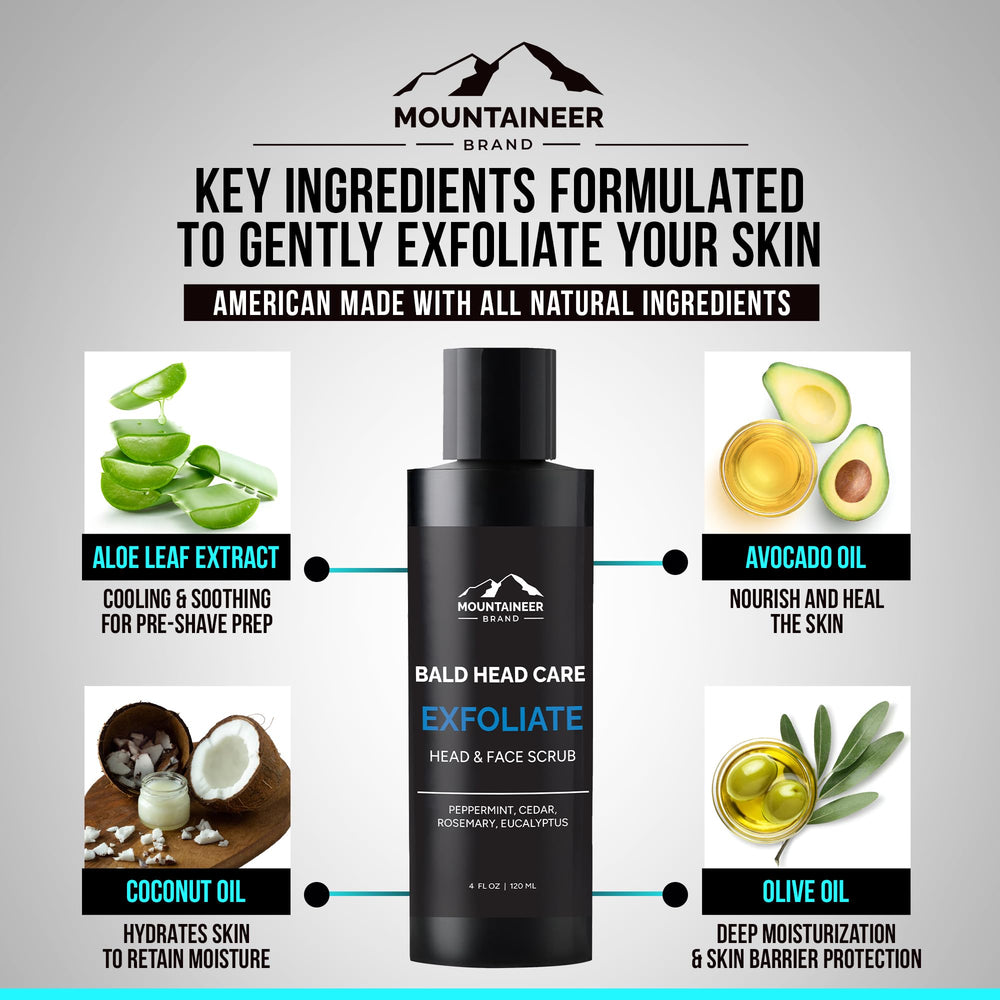 Natural ingredients olive oil and tea tree near Mountaineer exfoliator for nourishment.