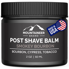 Mountaineer Brand post-shave balm bottle front showing soothing, all-natural aftercare.