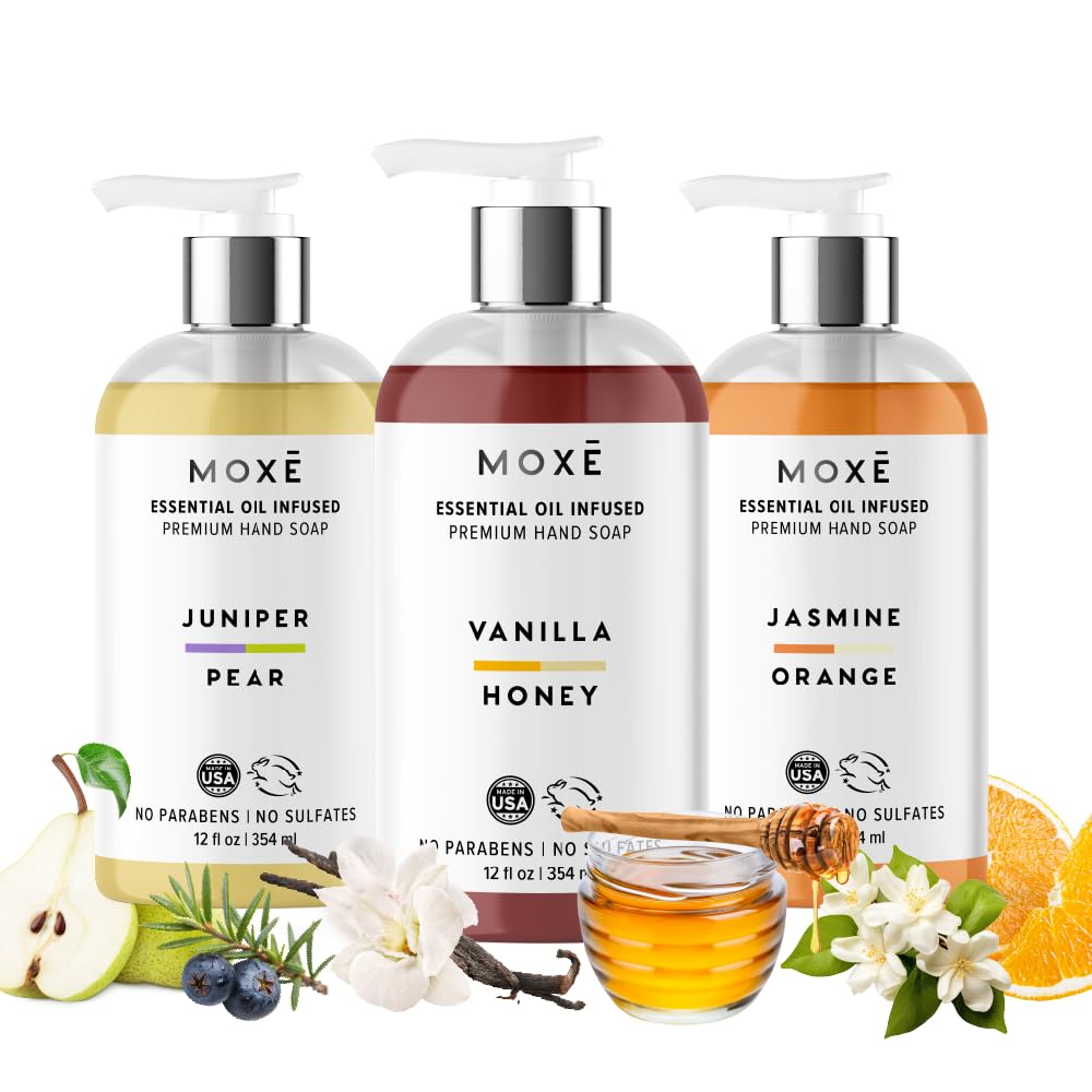 MOXE Jasmine Orange bottle close-up with floral aroma for daily hand cleansing.