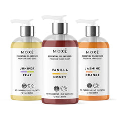 MOXE Vanilla Honey bottle dispensing a cozy scent for gentle cleansing.