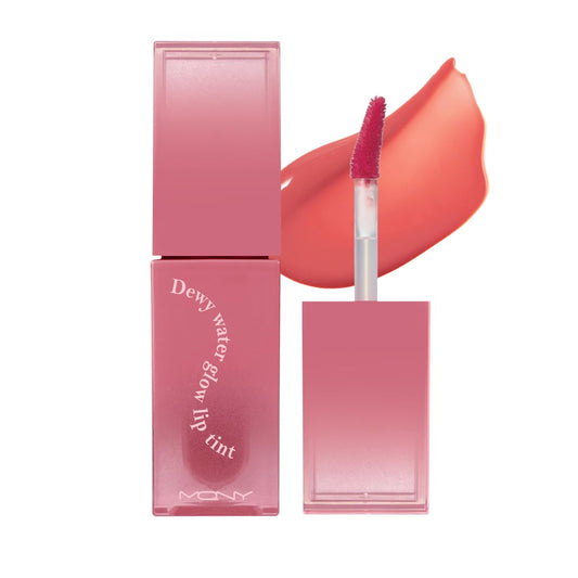 MQNY Dewy Water Glow Lip Tint Peanut Peach close-up showing translucent color and glossy sheen