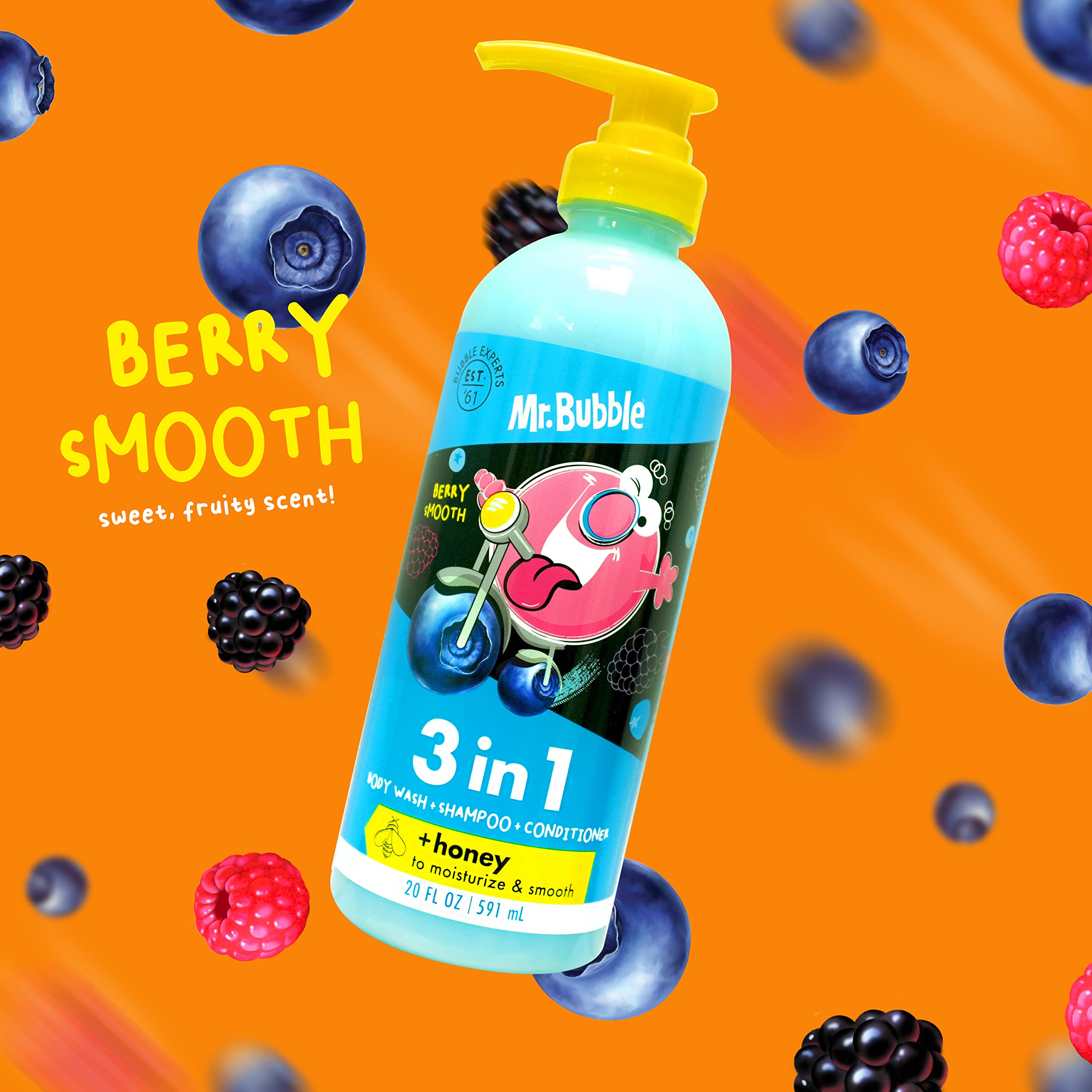Mr. Bubble Berry Smooth 3in1 bottle highlighting honey-based moisturizer.