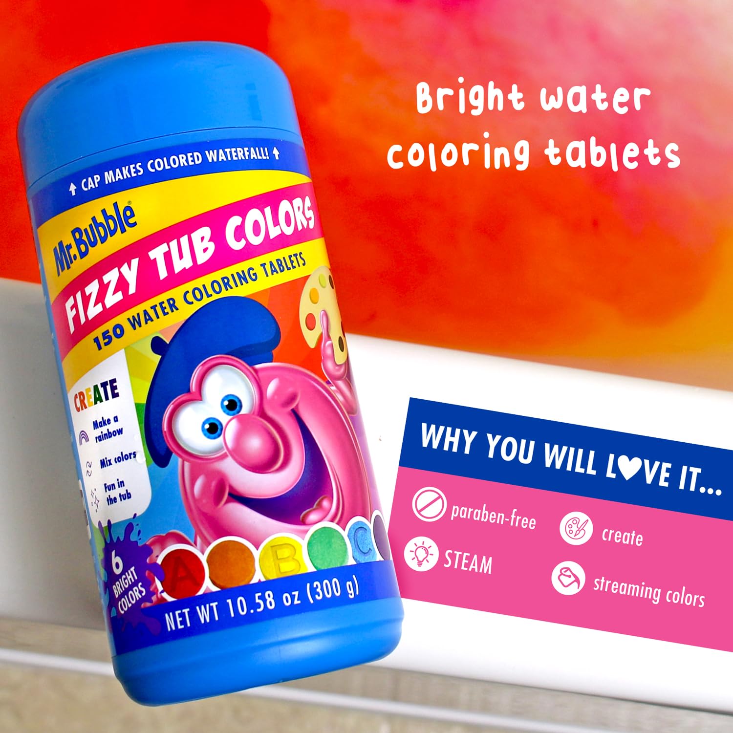 Mr. Bubble Fizzy Tub Colors bath time lights up with vibrant hues