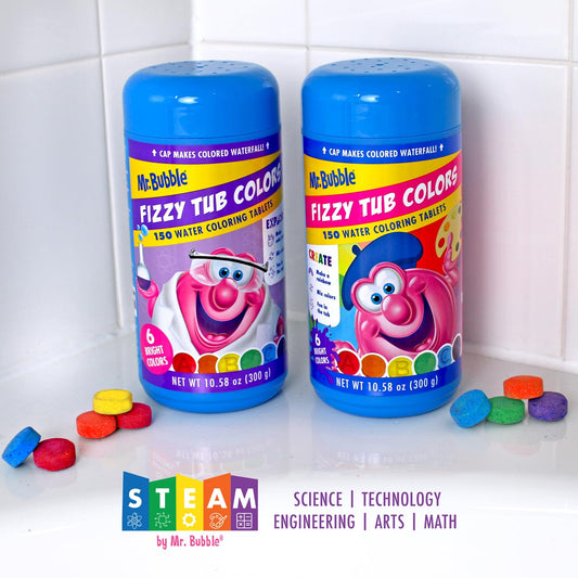 Mr. Bubble Fizzy Tub Colors tablets closeup shows bright colors and fizz