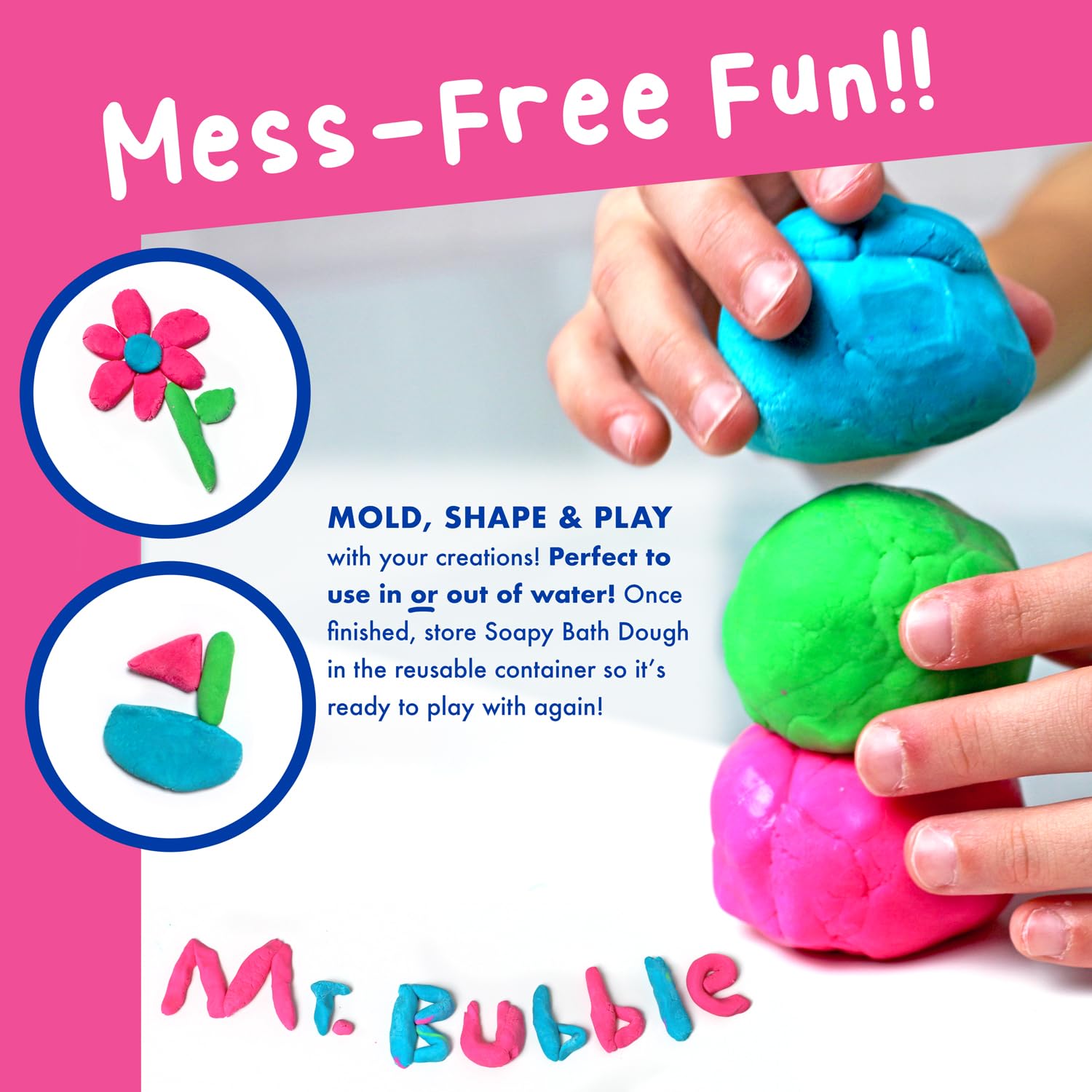 Mr. Bubble Soapy Bath Dough blueberry color closeup suggests soothing Blueberry scent for imaginative baths.