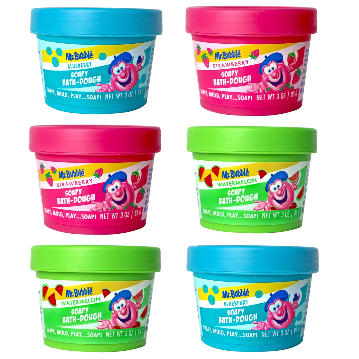 Mr. Bubble Soapy Bath Dough pack in six colors boosts creative bath time play.