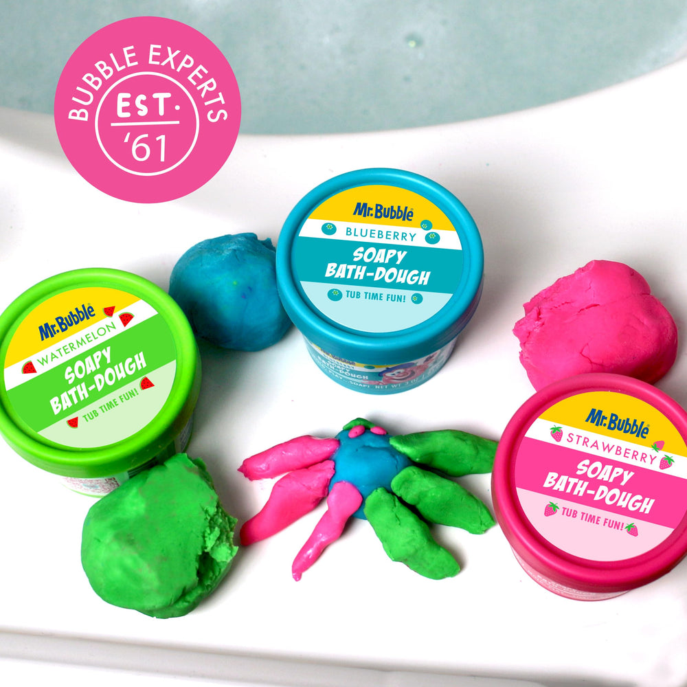 Mr. Bubble Soapy Bath Dough packaging image conveys six-pack value and variety.
