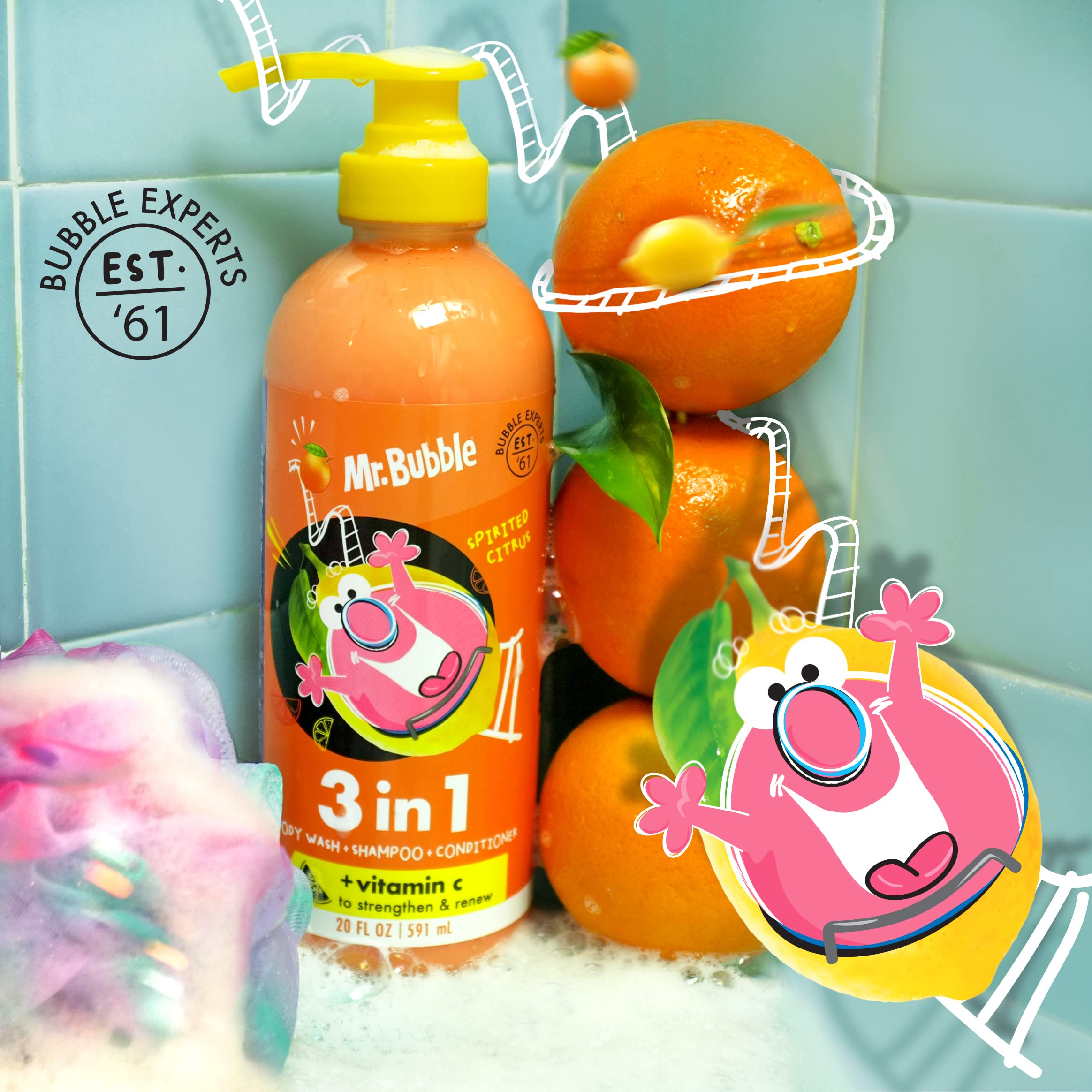 Mr. Bubble Spirited Citrus 3-in-1 shampoo pump for easy grab-and-go cleansing.