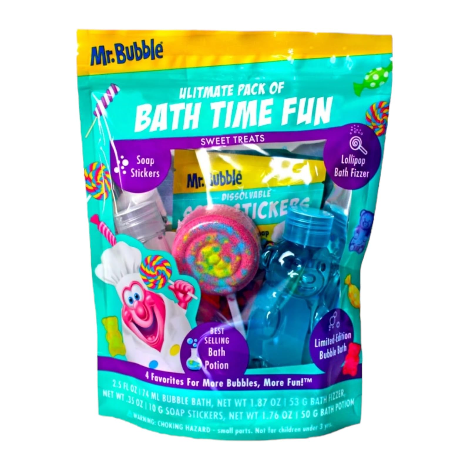 Mr Bubble Sweet Treats Lollipop Fizzer creates colorful bath swirls and scent