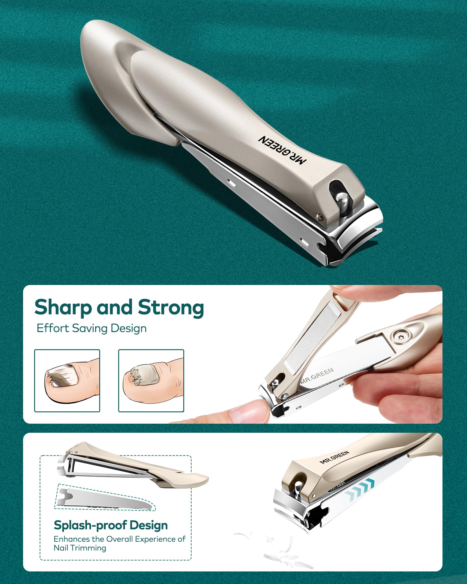 MR.GREEN slant edge clipper for easy cuticle access and shaping.