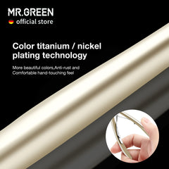 MR.GREEN colorful plating close-up, rust-resistant finish for lasting beauty tool.