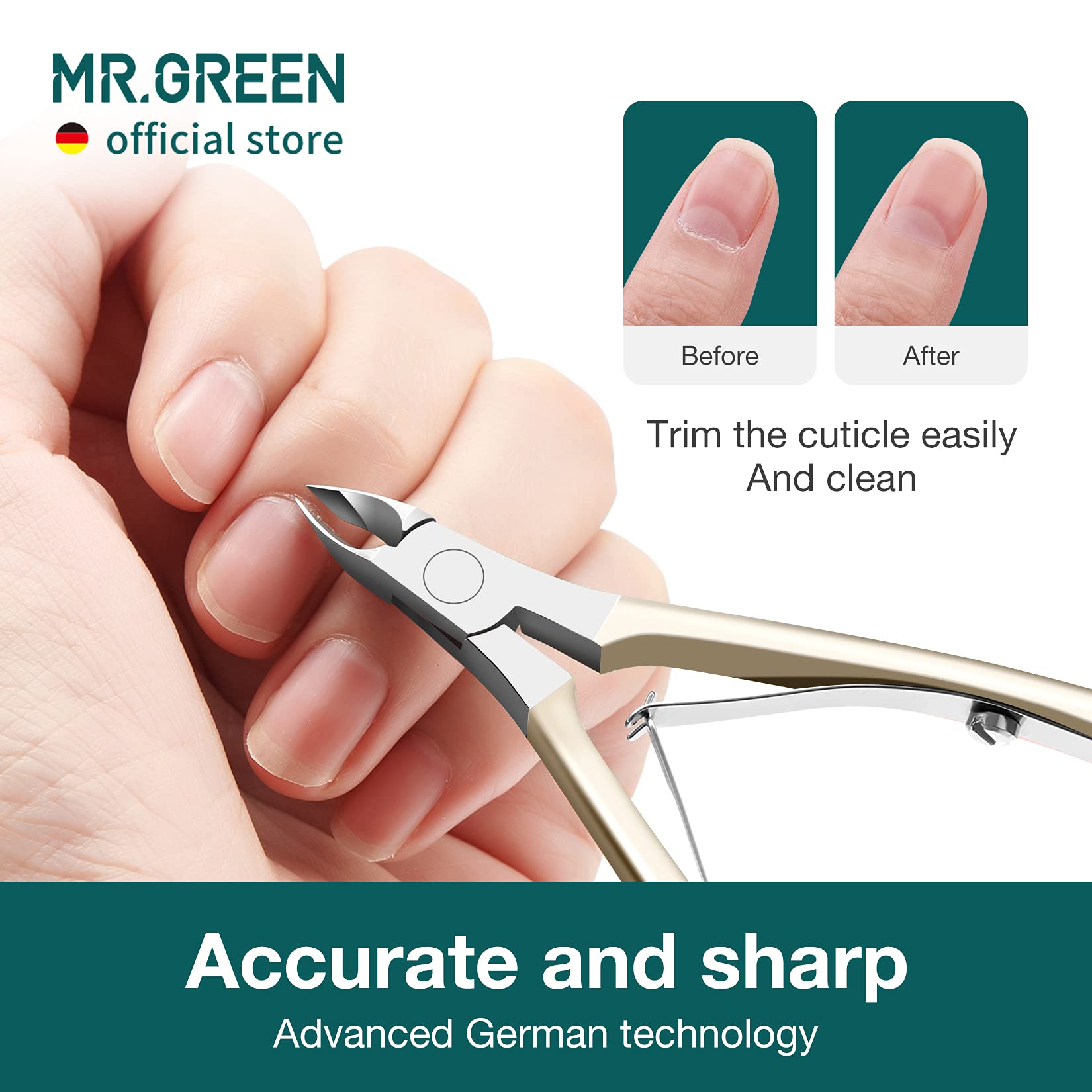 MR.GREEN Nickel Pearl nippers with ergonomic handle for comfort.