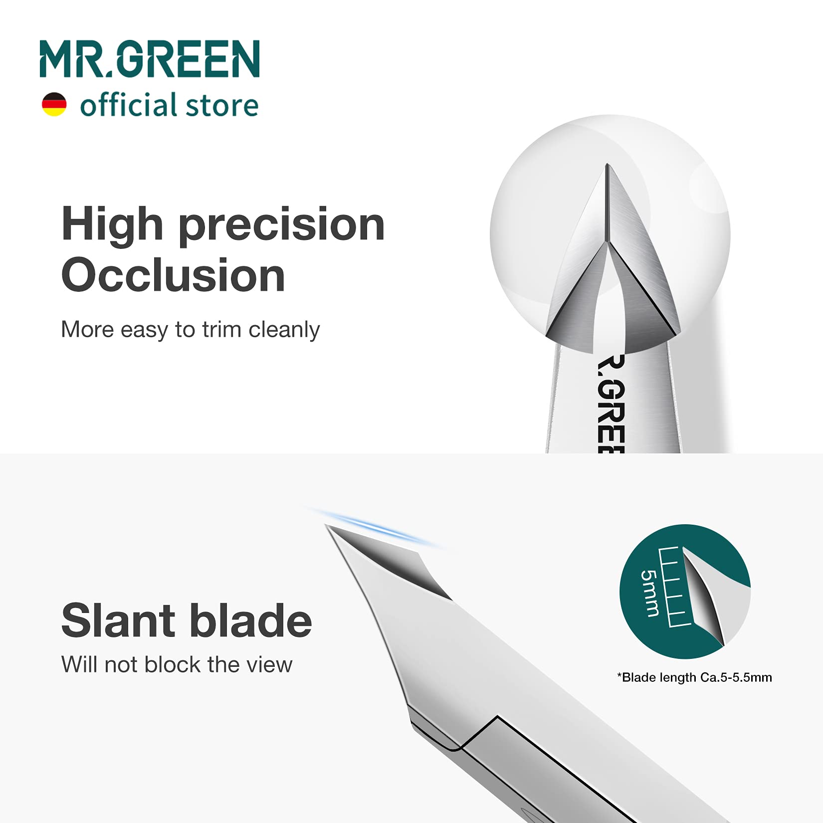 MR.GREEN slant blade in action, accurate cuticle trimming with clear visibility.