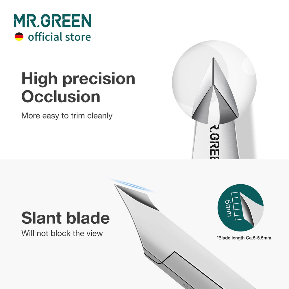 MR.GREEN slant blade in action, accurate cuticle trimming with clear visibility.