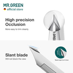 MR.GREEN slant blade in action, accurate cuticle trimming with clear visibility.