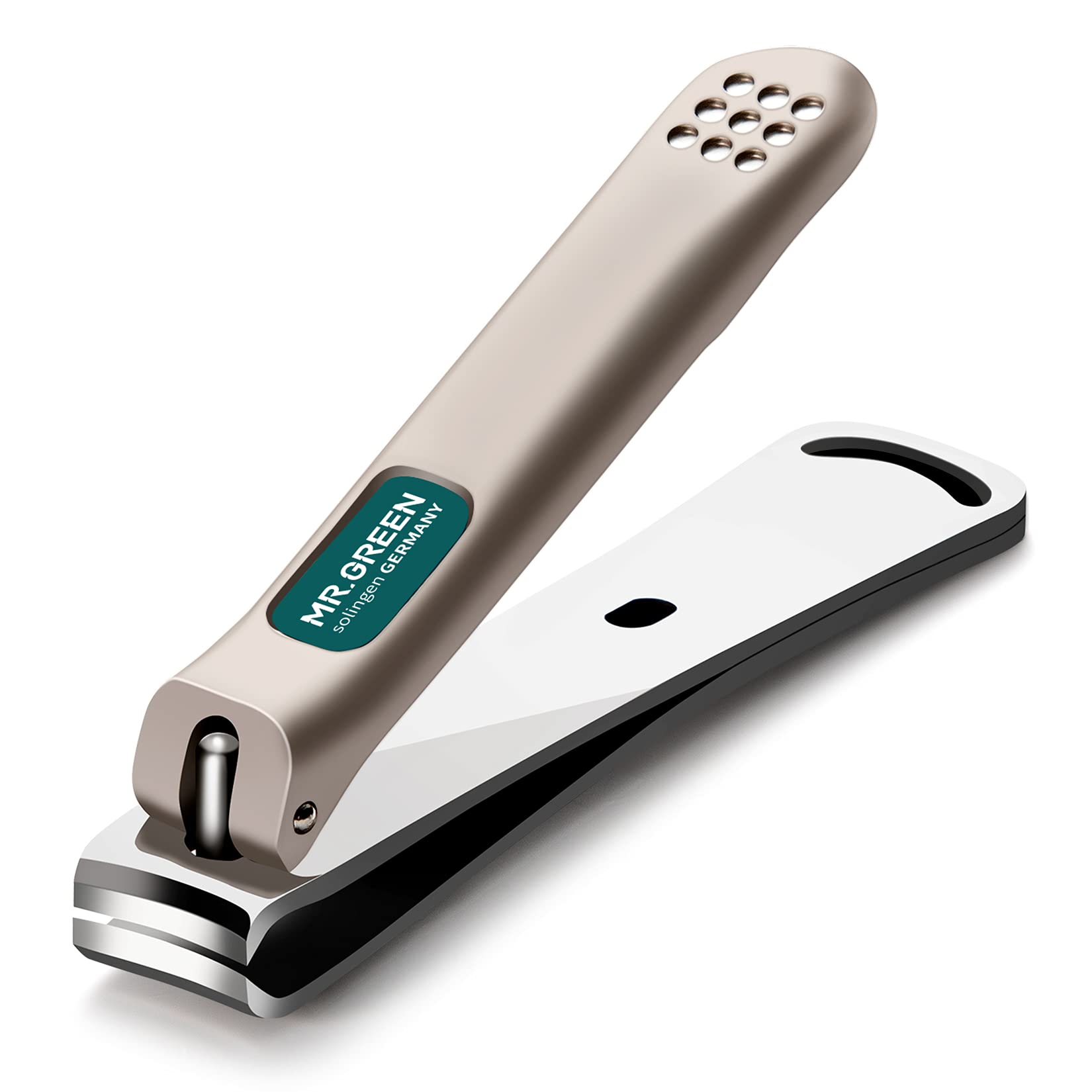 MR.GREEN nail clippers curved blades front view for precise trimming at home.